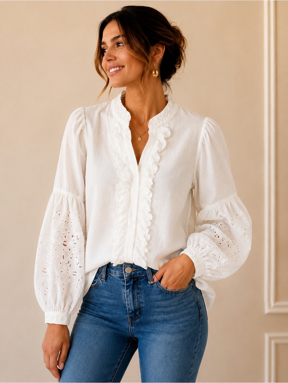 Anthropologie White Eyelet Embroidered Ruffle Balloon Sleeve Blouse Size 2